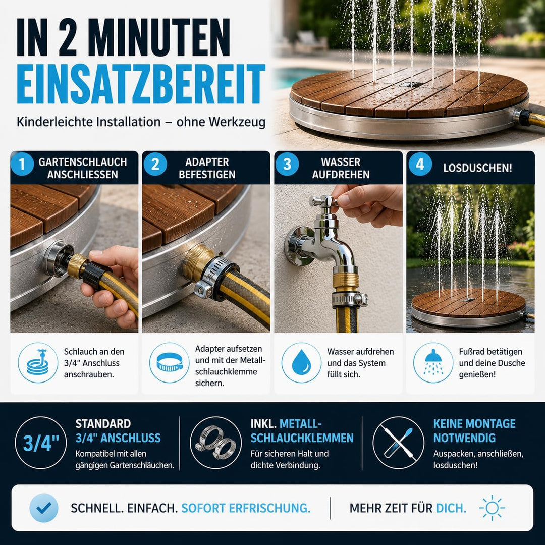 poolomio® Bodendusche Outdoor Ø 74 cm | Premium Gartendusche aus WPC mit 18 Wasserfontänen & bis 4 m