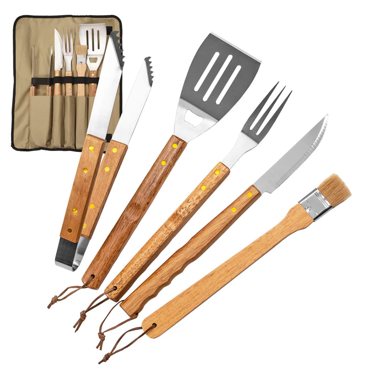Grillbesteck Set (5-teilig): Grillset mit Grillzange, Fleischgabel, Grillmesser, Pinsel und Grillwen