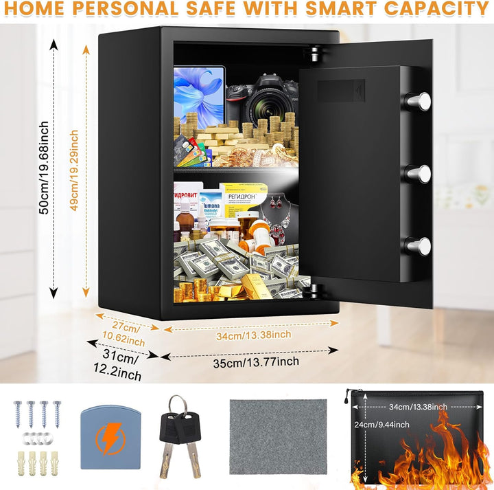 Safe Tresor Feuerfest mit A4 Feuerfester Tasche, 65L Möbeltresor Gross mit Abnehmbares Regal und Ext