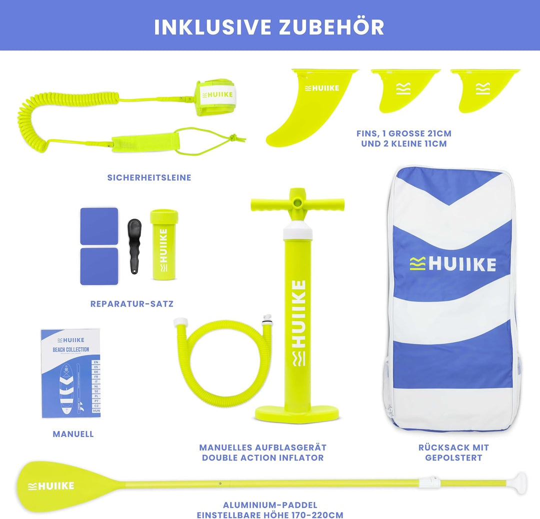 HUIIKE Stand Up Paddling Board mit Zubehör, Paddel, Finnen, Pumpe. Paddle Sup Board Aufblasbar Hohe