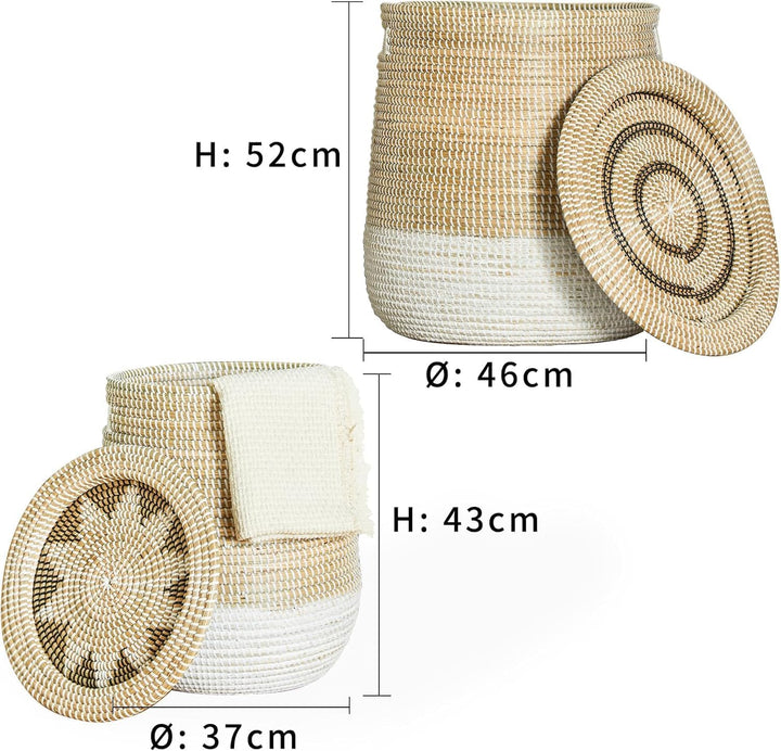 2 Set Wäschekorb mit Deckel und Innere Beutel | 86L+45L | Korb Geflochten aus Seegras | Handgefertig