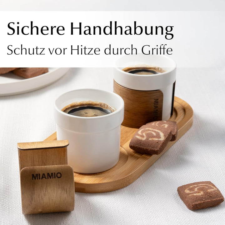 MIAMIO – Espressotassen 4er Set (100 ml) mit abnehmbarer Holzmanschette/Keramik Tassen ohne Henkel,