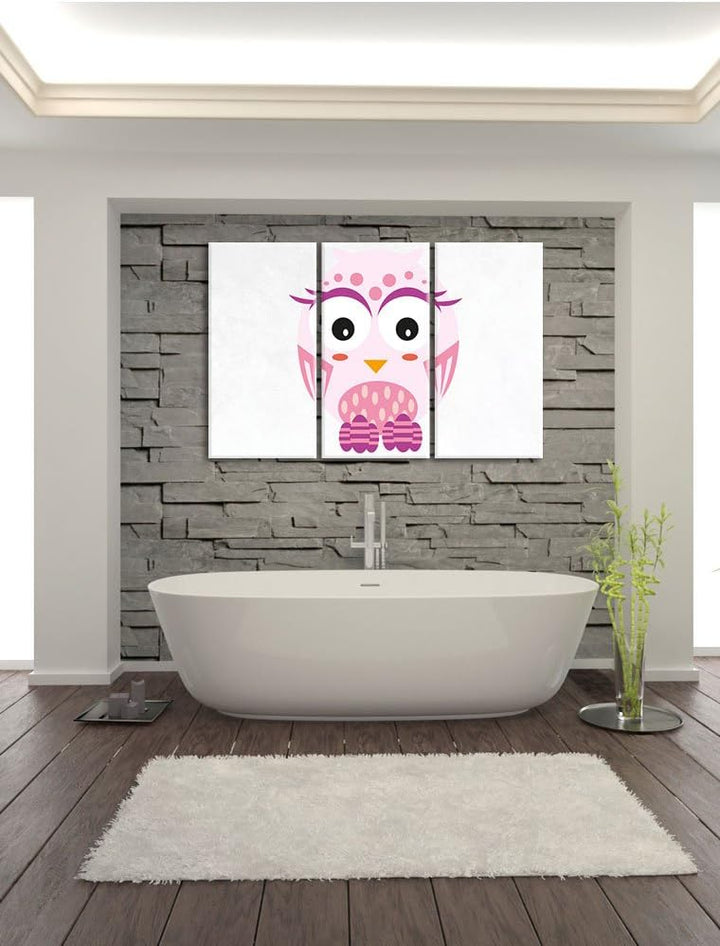 Pixxprint Hübsche rosa Eule weiss 3-Teiler Leinwandbild 120x80 Bild auf Leinwand
