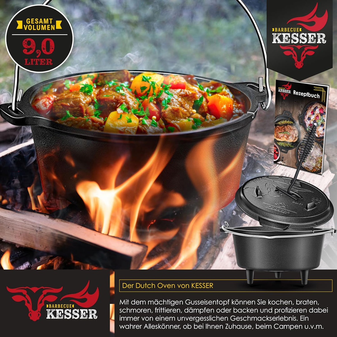 KESSER® Dutch Oven Set BBQ 9 Liter, Feuertopf Schmortopf mit Füssen, Gusseisen Topf mit Deckelheber