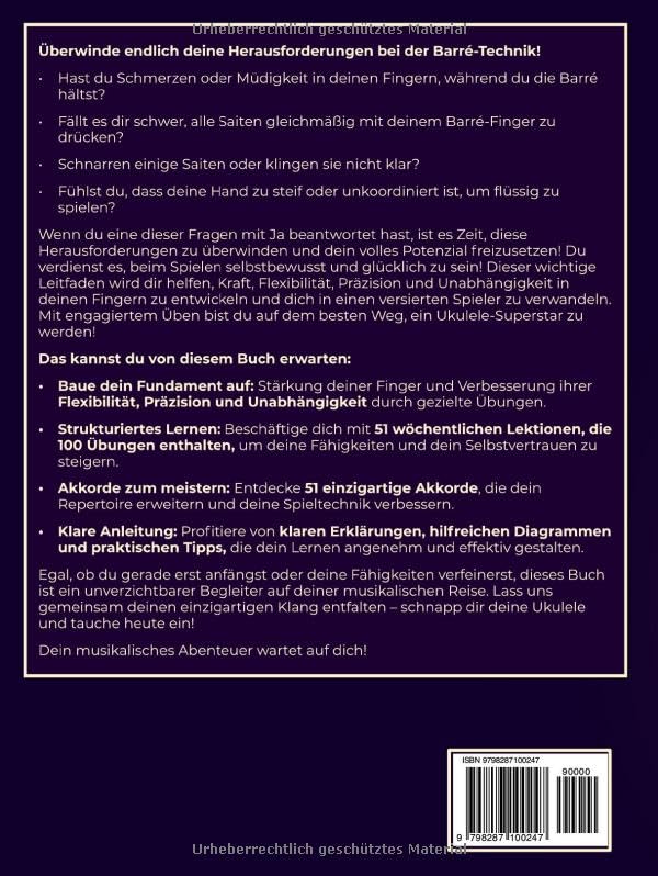 Das Ukulele Workout-Buch. Barré-Technik Übungen.: Ukulele Standard Stimmung GCEA. 51 ultimative wöch