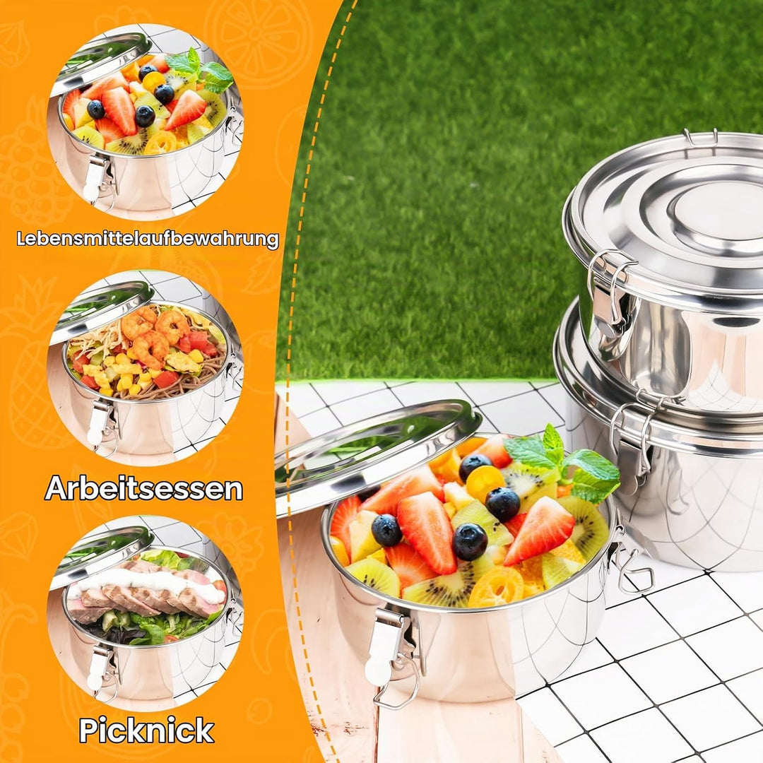 Edelstahl Behälter 3 Pack, 304 Edelstahl Brotdose (660ml/1040ml/1590ml) Erwachsenen Lebensmittelbehä