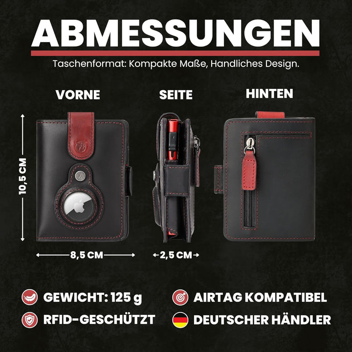 Will Fire® AirTag Wallet | Inkl. Airtag Anhänger | Leder Geldbörse mit Münz- &amp; Scheinfach | Extra ge