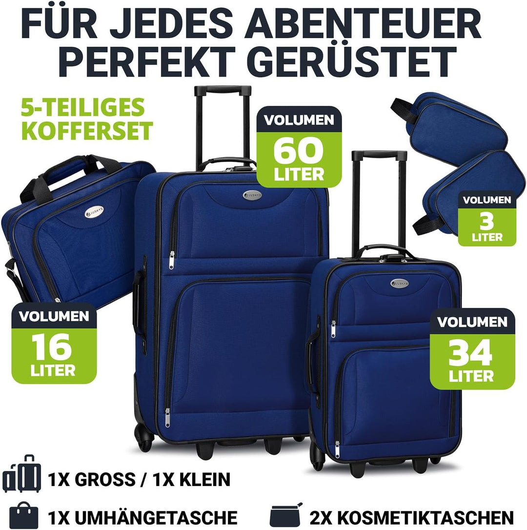 Juskys Trolley Reisekoffer Set 5 teilig - 60 Liter, 2 Rollen, Weichschale, wasserabweisend Stoff, le