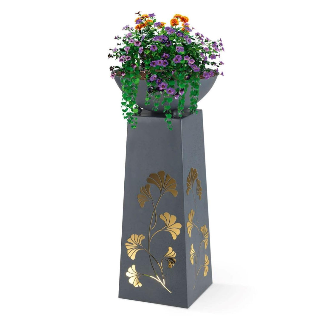 Hoberg LED Pflanzsäule Gingkoblätter-Design in Beton-Optik | Abnehmbare Pflanzschale (Ø 34cm) In- un