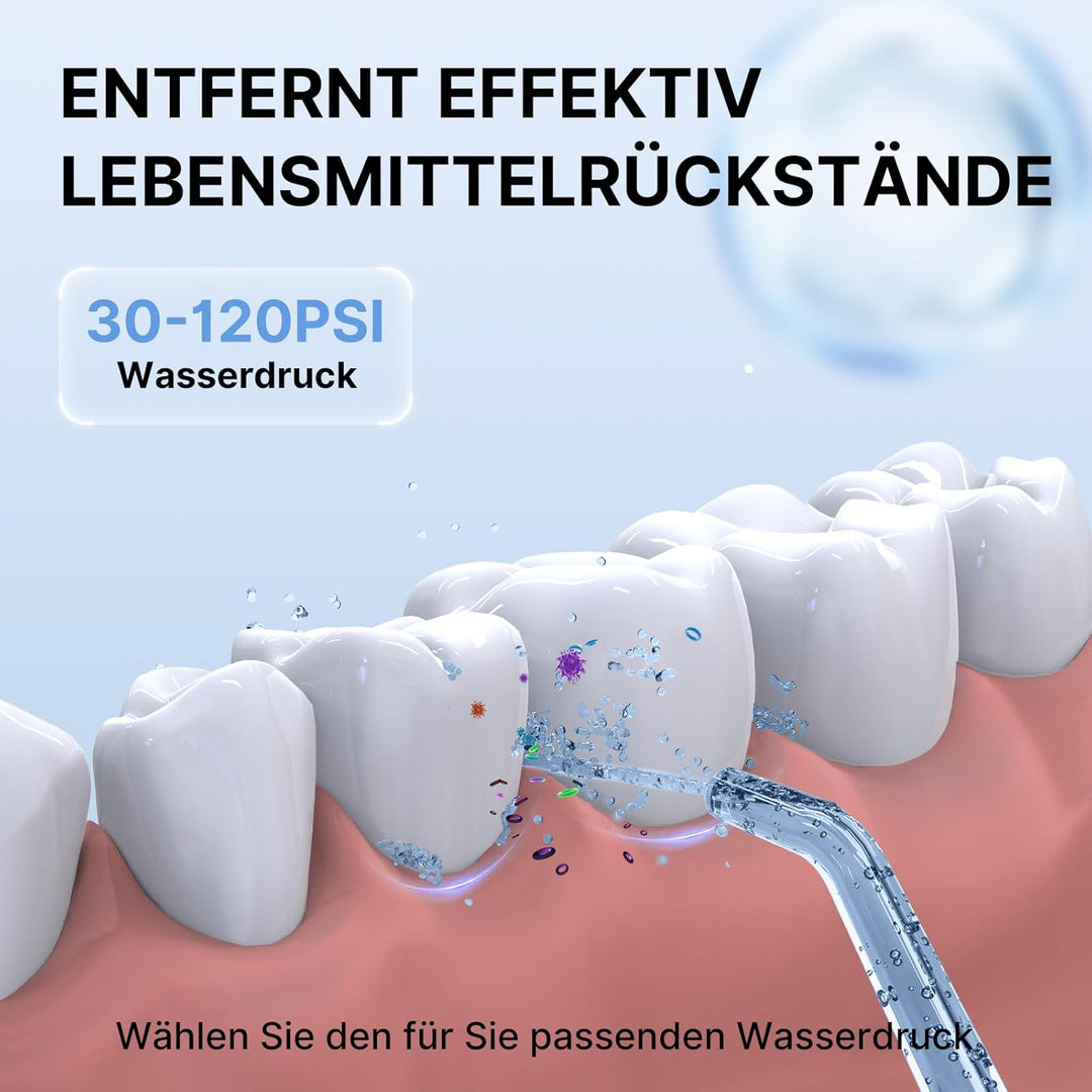 TUREWELL Munddusche Kabellos, Elektrische Zahnreiniger mit 5 Modi, 4 Düsen, 310ML Wassertank & IPX7