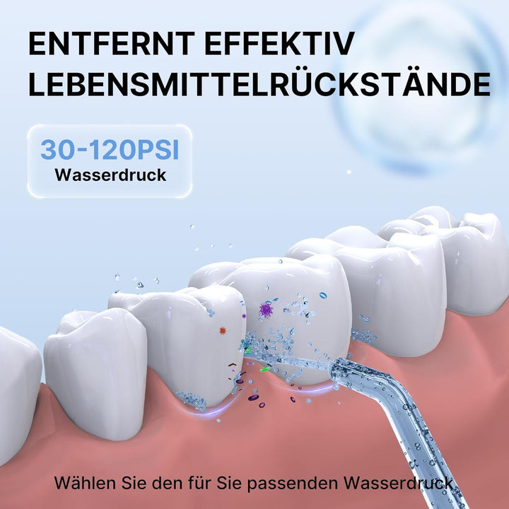 TUREWELL Munddusche Kabellos, Elektrische Zahnreiniger mit 5 Modi, 4 Düsen, 310ML Wassertank & IPX7