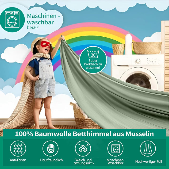 Hausbett Himmel Deko Set, Betthimmel Hausbett aus Musselin - 2 Betthimmel & 1 Wimpelkette, für Junge