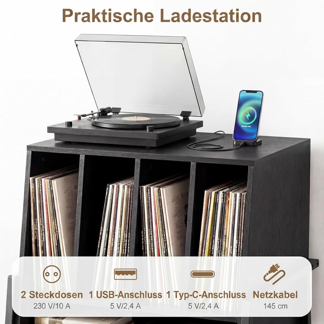 COSTWAY Plattenspielerständer, Vinyl Schallplattentisch mit integrierter Ladestation, breite Tischpl