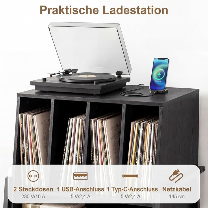 COSTWAY Plattenspielerständer, Vinyl Schallplattentisch mit integrierter Ladestation, breite Tischpl