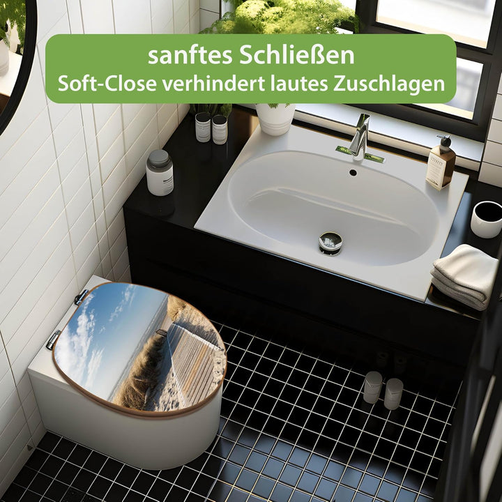 banjado® Design WC Sitz Bambus Absenkautomatik mit Motiv Dünen/Toilettendeckel mit Absenkautomatik H