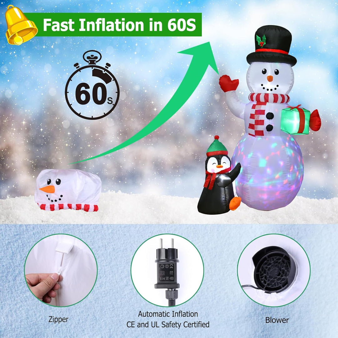 Quntis 2,4m Aufblasbare Weihnachtsdeko Schneemann mit 3 bunten drehbaren LEDs und Gebläse, IP44 LED