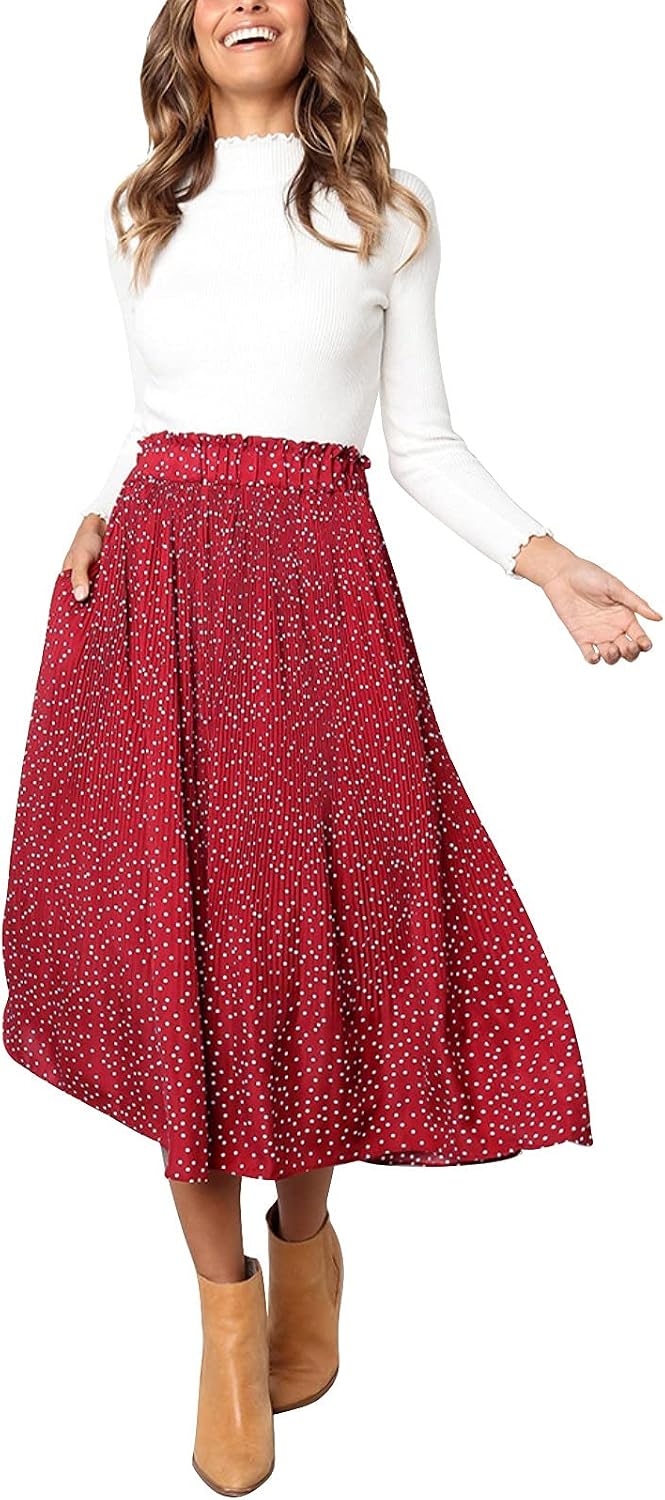 Hoerev Frauen Print Punkt mit Taschen Falten Langer Rock Beach Party Maxi Rock S Rot Punkt, S Rot Pu