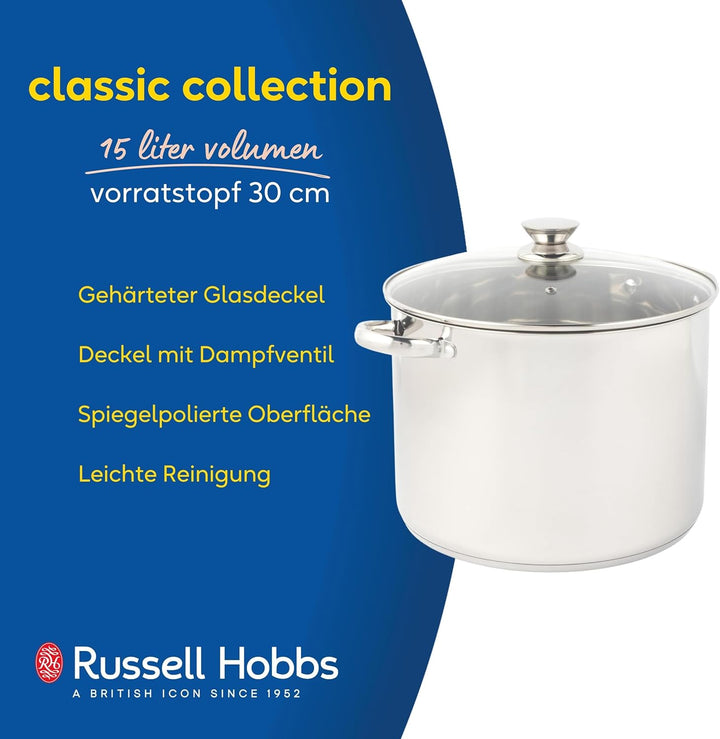 Russell Hobbs Classic Collection 30 cm Suppentopf – Kochtopf aus Edelstahl, Deckel aus gehärtetem Gl