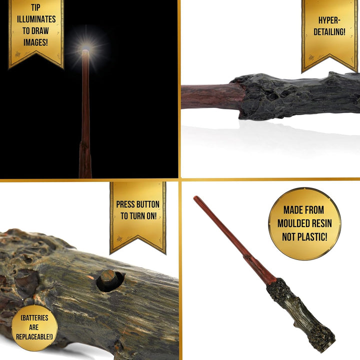 Harry Potter Zauberstab "Harry Potter" mit LED-Lumos-Spitze, Handbemalt aus Harz, Inklusive App für