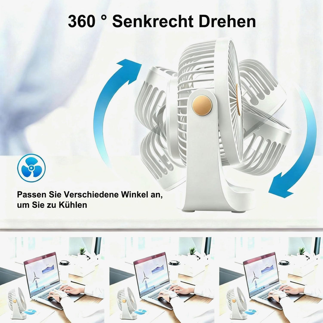 Schreibtischventilator mit Nachtlicht, tragbarer, leiser Ventilator mit USB-Akku, 360° drehbar, 5 Ge