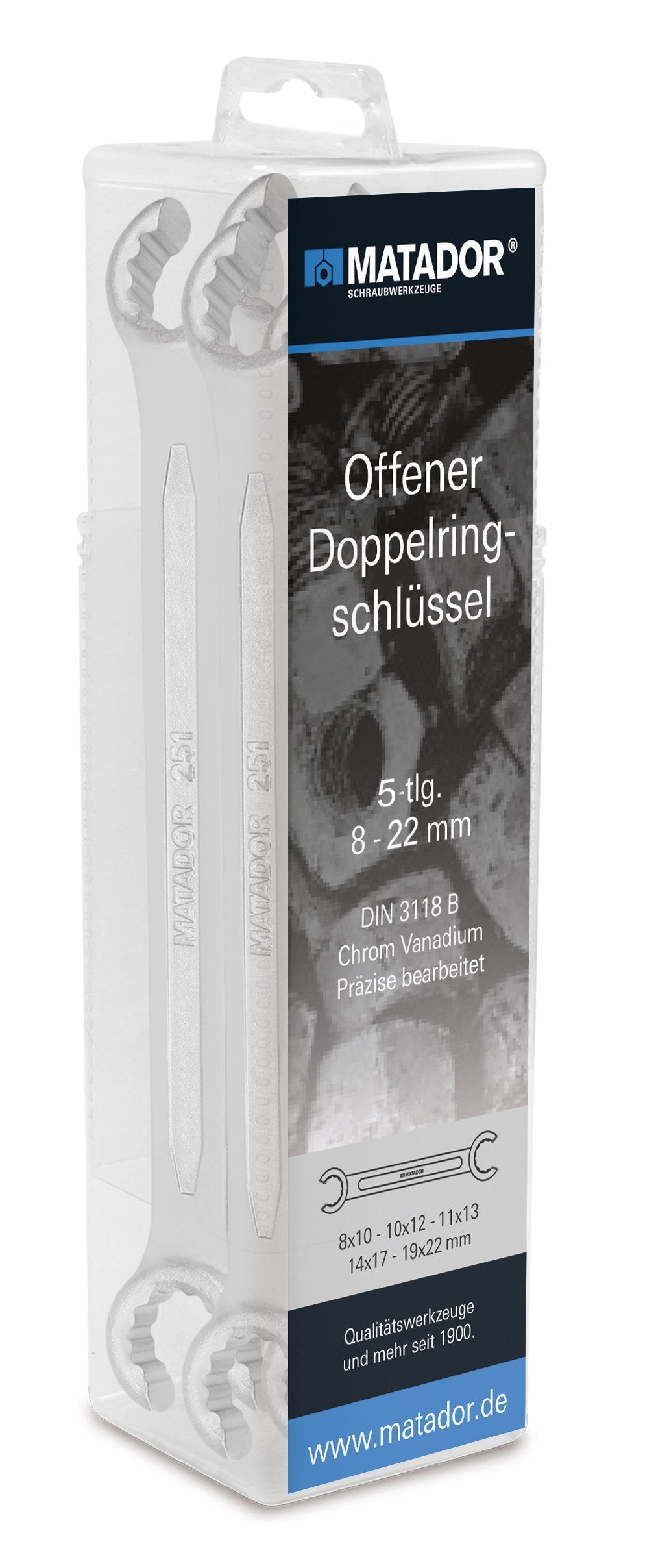 MATADOR Offene Doppelringschlüssel-Satz, 5-teilig 8 x 10-19 x 22 mm, 0251 9050 8 - 22 MM, 8 - 22 MM