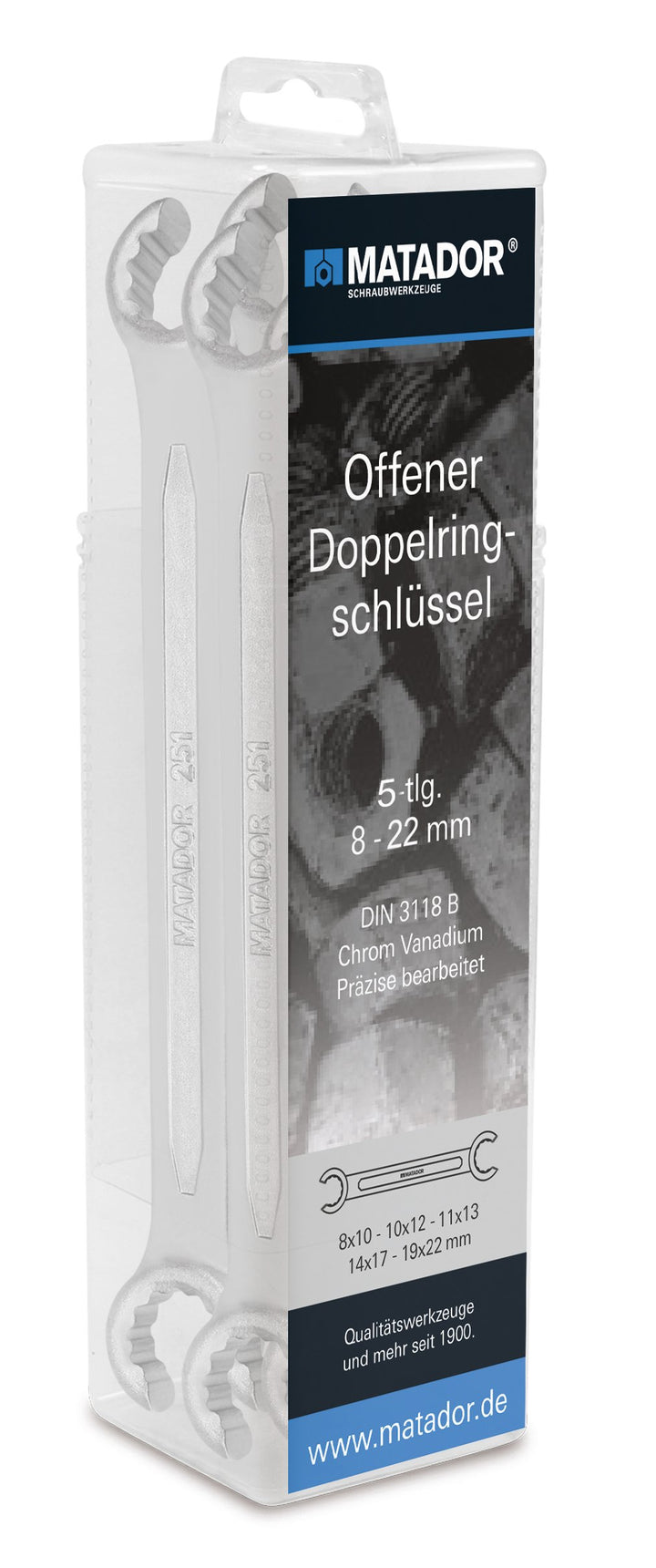 MATADOR Offene Doppelringschlüssel-Satz, 5-teilig 8 x 10-19 x 22 mm, 0251 9050 8 - 22 MM, 8 - 22 MM