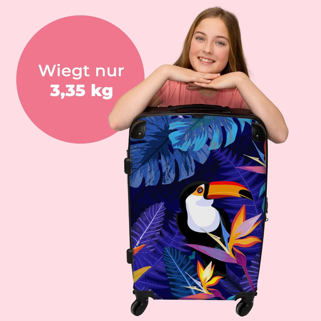 Koffer gross Trolley Rollkoffer Reisekoffer mit 4 Rollen Fotokoffer - Dschungel - Tukan - Blumen - P
