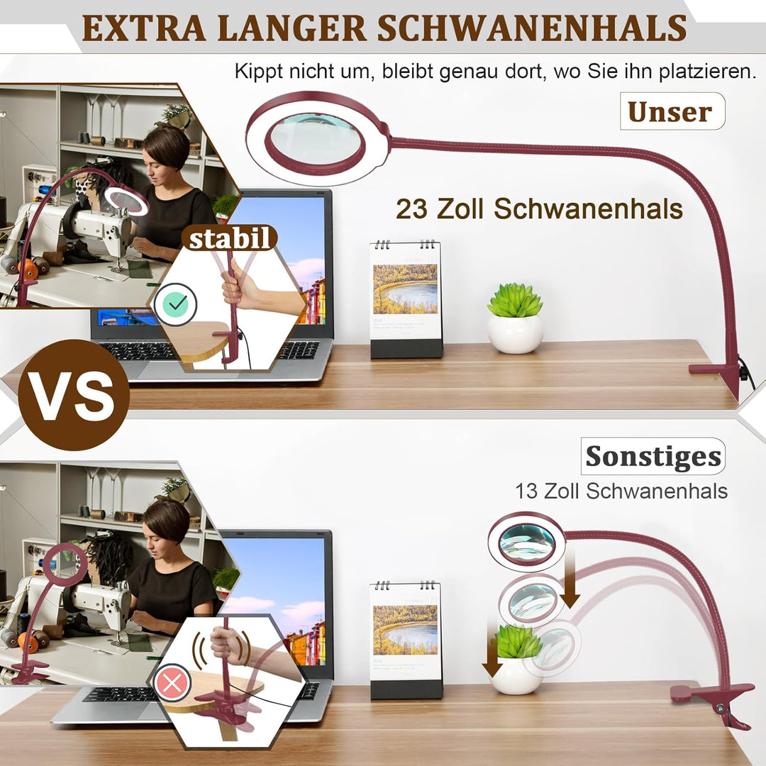 Veemagni 12X Lupe mit Licht und Klemme, Echtes Glas Lupenlampe, 5 Farbmodi Stufenlos Dimmbare, 23 Zo