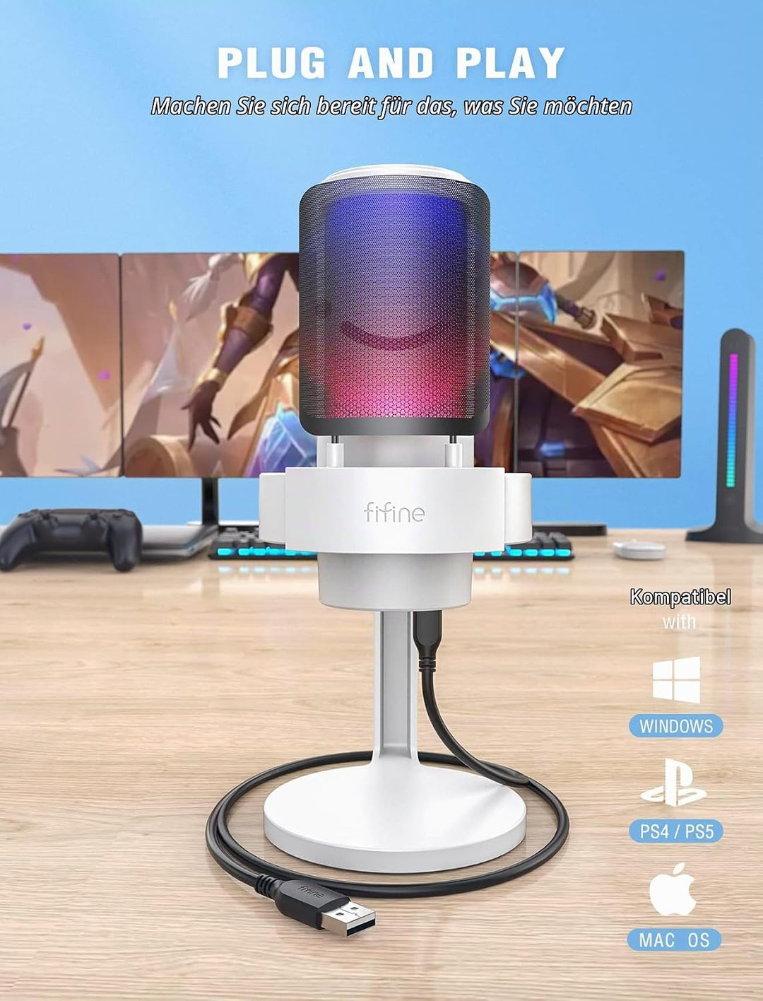 FIFINE USB Mikrofon PC, Gaming Mikrofon für Streaming Podcast Studio, Microphone USBC für PS4 PS5 MA