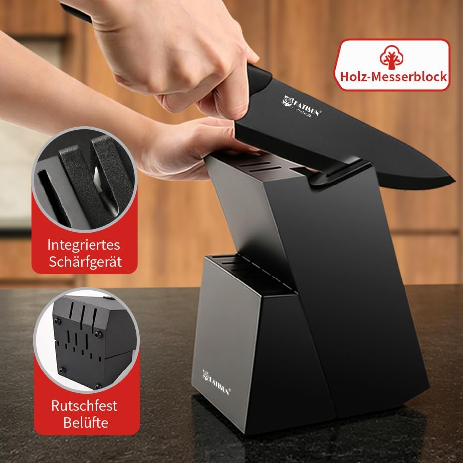 16-tlg. Messerblock mit Messer – selbstschärfend, schwarz | Kompletter Messerblock mit Messer – 16-t