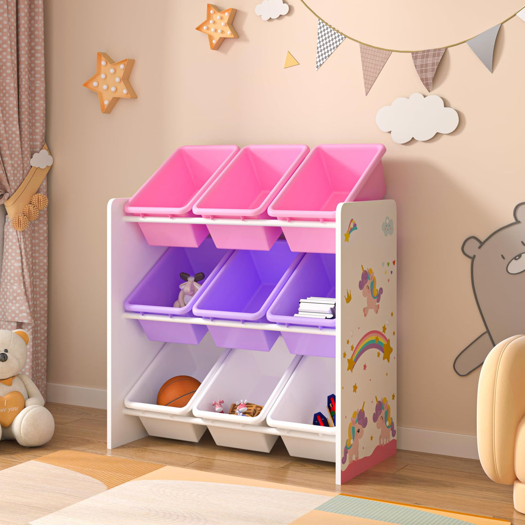 [en.casa] Kinderregal Muxía mit 9 Aufbewahrungsboxen Spielzeugregal mit Einhorn-Motiv Spielregal Wei