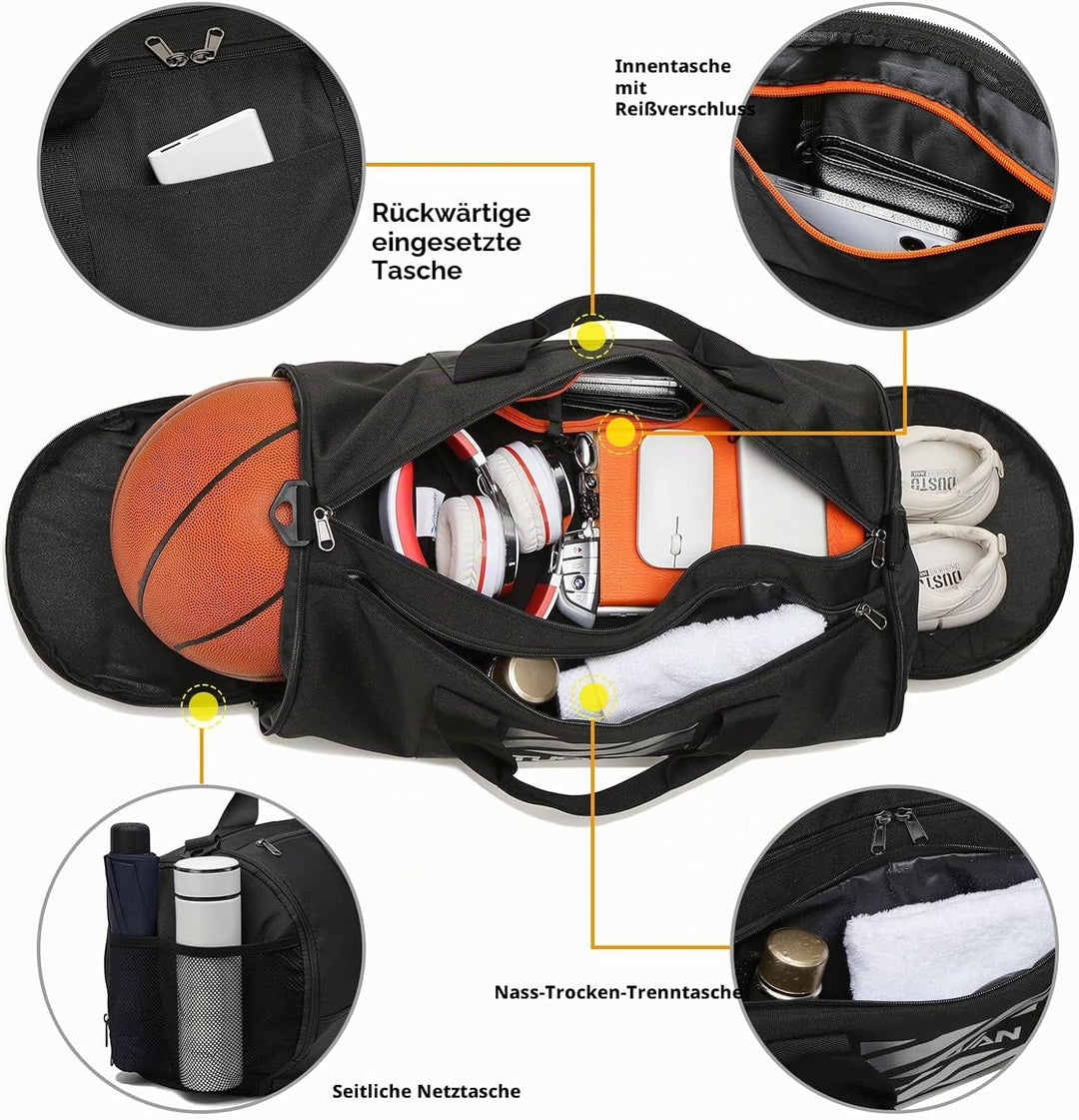 TUGUAN 40L Sporttasche Herren Basketball Trainingstasche mit Schuhfach, Ballfach & Nassfach Wochen R