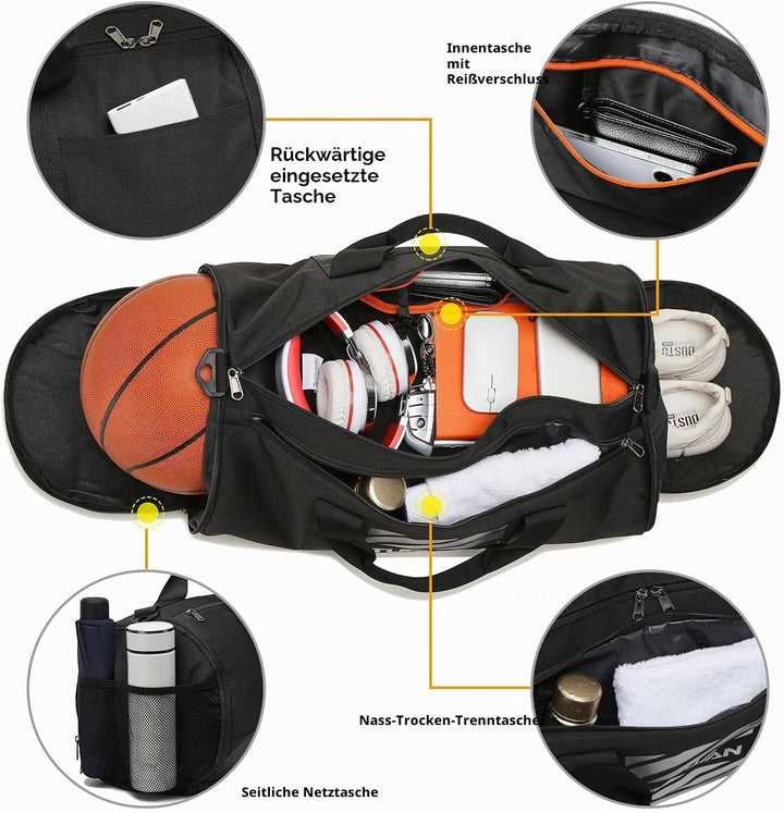 TUGUAN 40L Sporttasche Herren Basketball Trainingstasche mit Schuhfach, Ballfach & Nassfach Wochen R