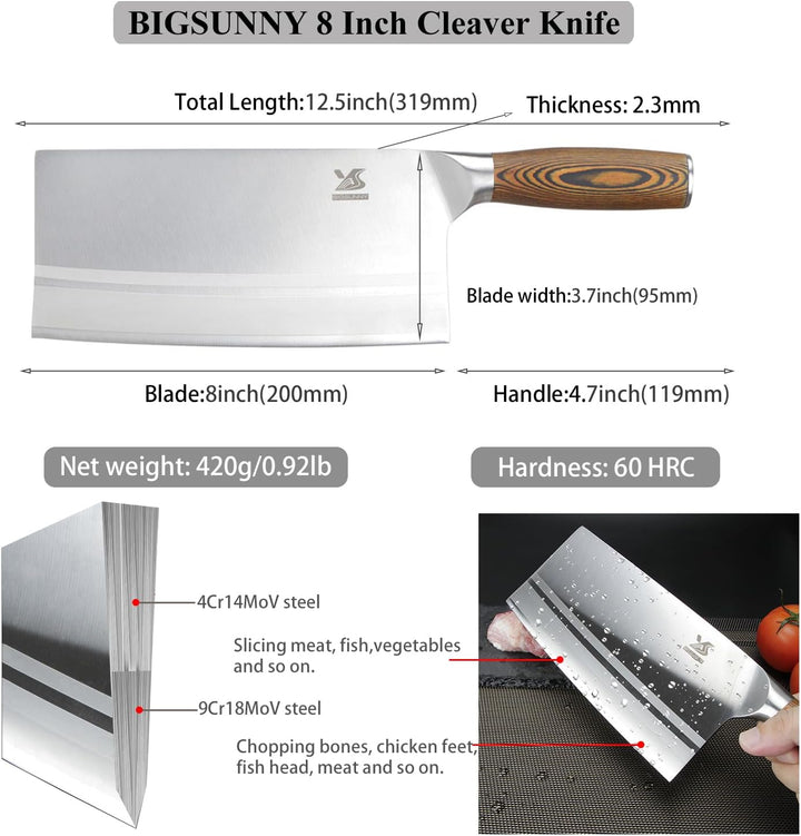 MSY BIGSUNNY Hackmesser Chinesisches Kochmesser, Klingenlänge 20,5cm, Grosses Klingenblatt, Kohlenst