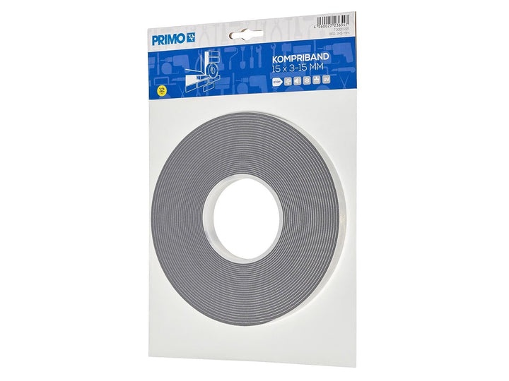 Primo Kompriband Selbstklebend für Aussenfugen, 15 x 3-15mm Grau - Länge 12m - Elastisch, Isolierend