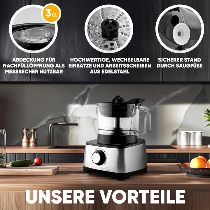 ProfiCook PC-KM 1063 Kompakt-Küchenmaschine m. Edelstahlgehäuse, schneiden kneten mixen, Zitruspress