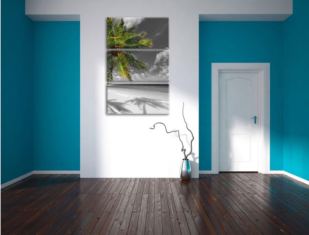 Pixxprint riesige Palem über Strand schwarz/weiss 3-Teiler Leinwandbild 120x80 Bild auf Leinwand