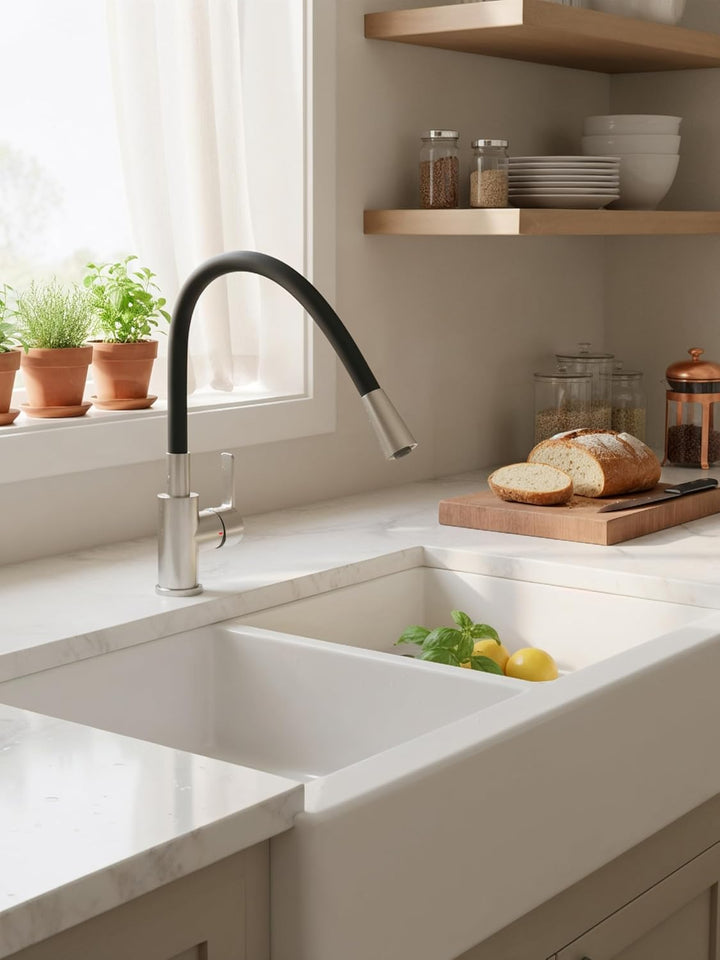 EISL Flexo Edelstahl/Schwarz Flexible Spültischarmatur Niederdruck, biegsamer Wasserhahn für die Küc