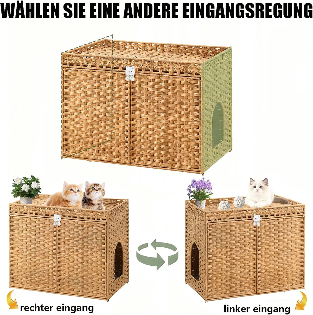 Katzenhaus Katzenschrank für Katzentoilette Versteckte Katzenklo-Möbel, Handgeflochtenes Rattan-Katz
