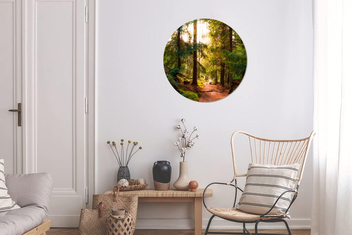 MuchoWow Wandbild Rund Wanddeko Deko Wohnzimmer Bilder 60x60 cm Wald - Weg - Bäume - Grün - Sonne -