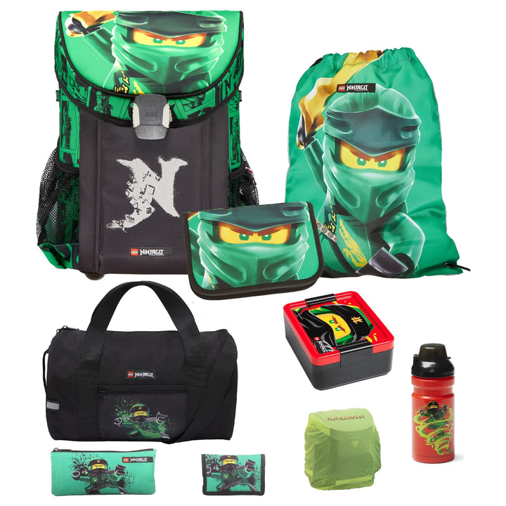 Lego Ninjago Schulranzen-Set Easy Green 8tlg. Set mit Federmappe, Regenschutz und Dose und Flasche,