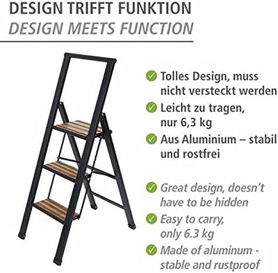 WENKO Leichte Aluminium Trittleiter mit 3 Stufen für 75 cm höheren Stand, rutschsichere XXL-Stufen,