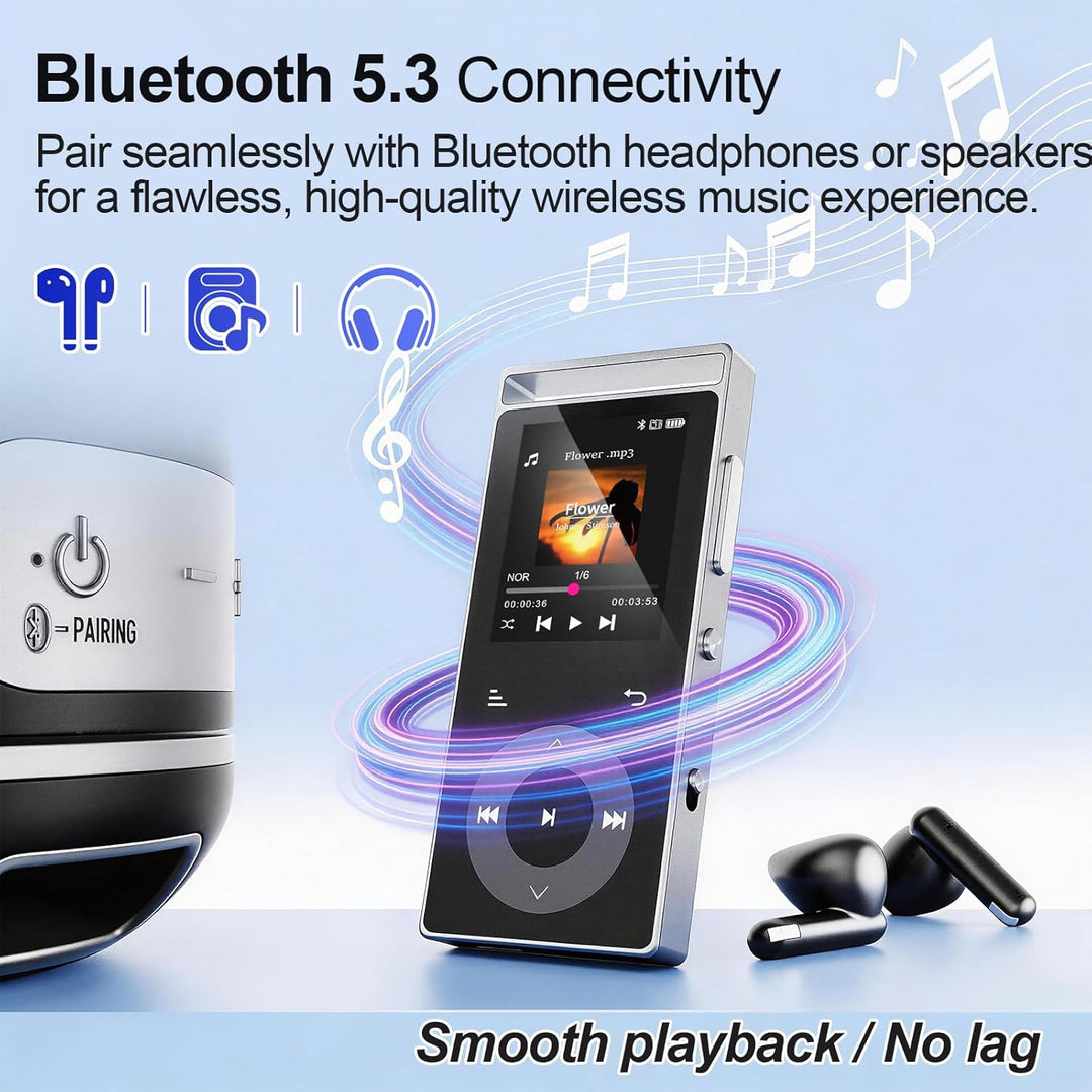 90GB MP3 Player Bluetooth 5.3, MP3-Player mit HiFi-Sound Touch-Tasten | MP3 mit Musik, Farbdisplay,