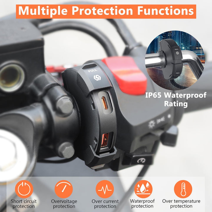 48W Wasserdichtes Motorrad USB C Steckdose, Moto Telefon Ladegerät, QC3.0 USB-A und USB C 12V Motorr
