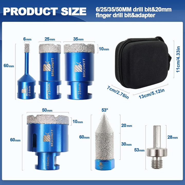 Diamantbohrer Fliesenbohrer Set - 6/25/35/50mm Diamantbohrer & 20mmDiamant Fingerfräser ein Adapter