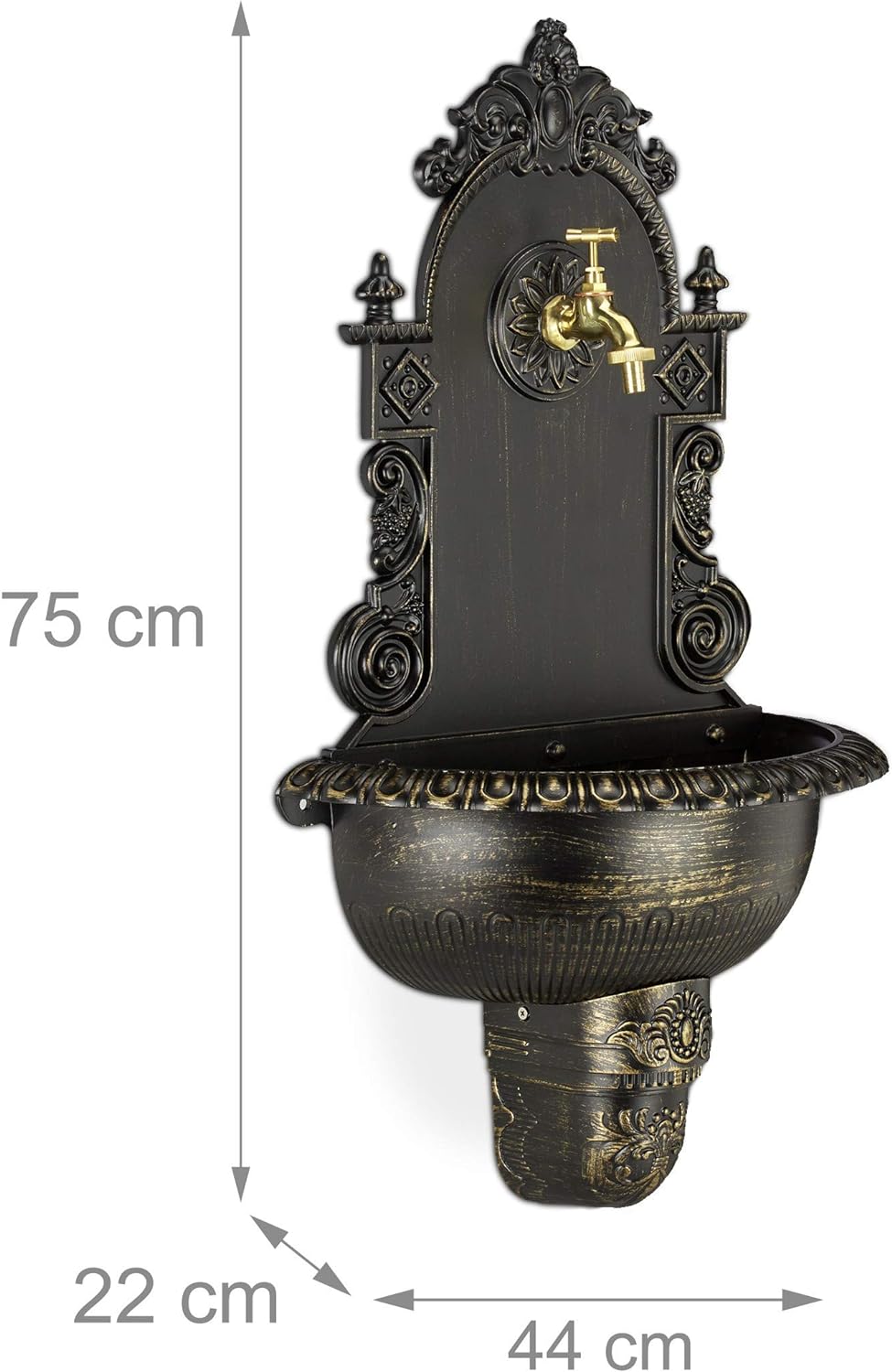 Relaxdays XL Wandbrunnen antik, mit Wasserhahn, nostalgisch, Waschbecken Garten, Aluguss, HBT 75 x 4