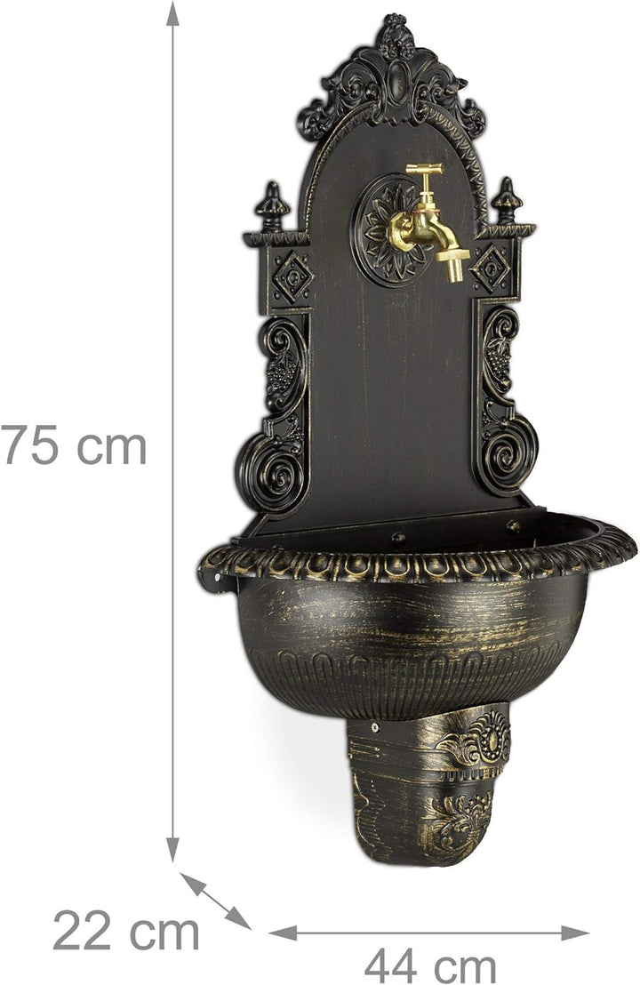Relaxdays XL Wandbrunnen antik, mit Wasserhahn, nostalgisch, Waschbecken Garten, Aluguss, HBT 75 x 4