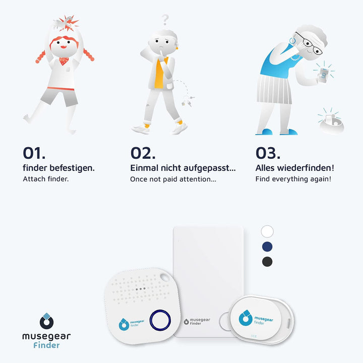 musegear Schlüsselfinder Mini mit Bluetooth App I Keyfinder laut für Handy in dunkelblau 3er Pack I