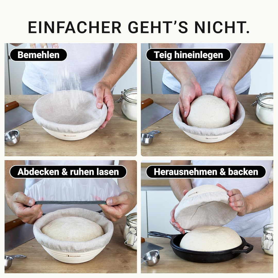 Rattan Gärkörbchen Set – Gärkorb Rund 23 cm mit waschbarem Leinenbezug und Abdeckhaube – Perfekt zum
