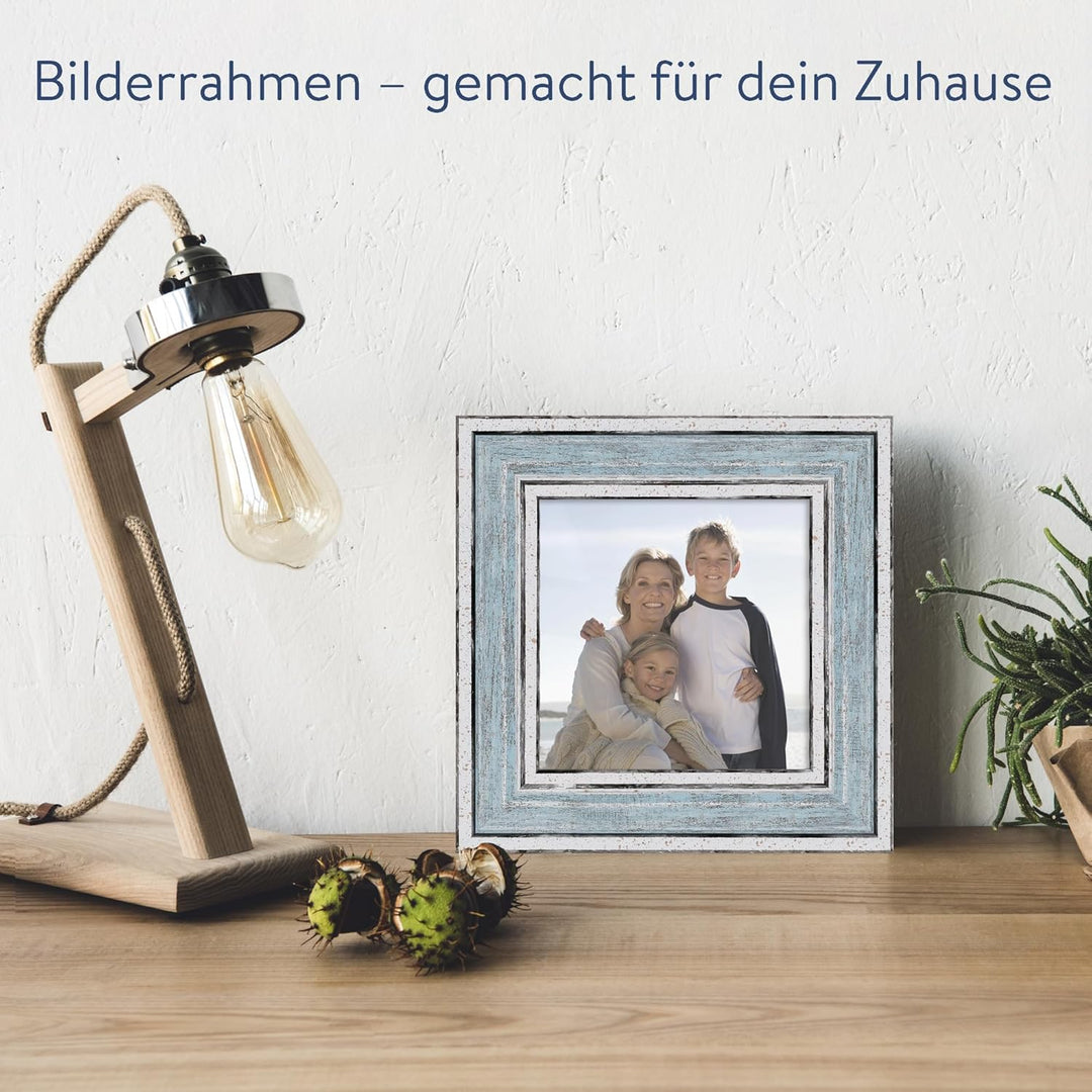 WANDStyle Bilderrahmen Blau 10x10 cm quadratisch aus Holz im Vintage-Stil mit Aufsteller und Aufhäng